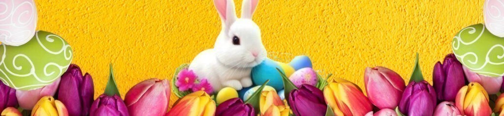 Easter bunny surrounded by colorful flowers and eggs